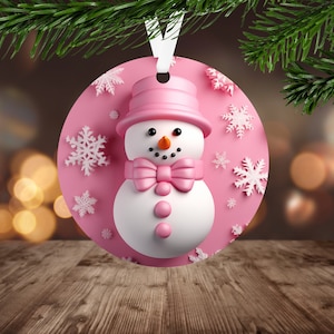 3D Pink Snowman Ornament Sublimation PNG, Instant Digital Download Only, Christmas Round Ornament PNG Pink & White Snowman Ornament PNG
