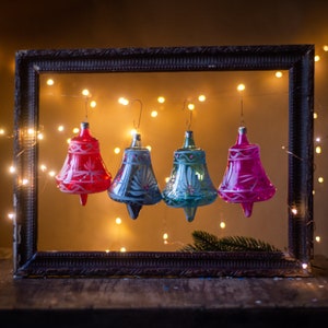Vintage glass Christmas ornaments, large glass bells, Big Xmas tree hanging decorations, mercury glass,