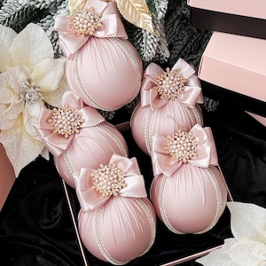 Blush pink Rhinestone Christmas 3.97"decorations/blush pink satin xmas Tree Ornaments/pink holiday ornament/ pink decorations for home tree