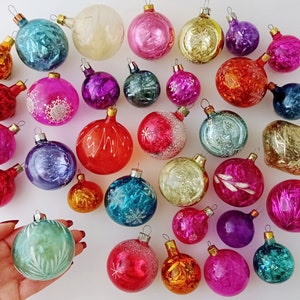 BALL with Tinsel - Glass Vintage Christmas Tree Decoration Hand Blown RETRO Home Decor Bauble Silver-Mercury Xmas colored Shiny Ornaments