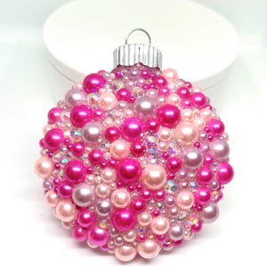 Hot pink pearl rhinestone ornament, pink/white bling ornament, bedazzled pearl ornaments, glam Christmas ornament