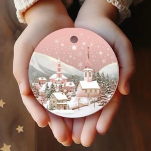 Pink Christmas Ornament, Pastel Christmas Ornament, Pink Christmas Village with Cathedral Christmas Ornament, Coquette Christmas Ornament
