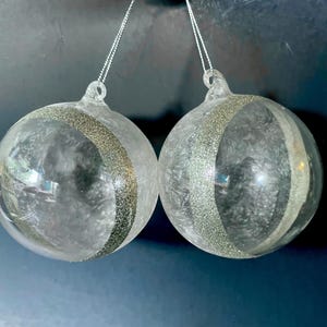 Hand Blown Glass Christmas Ornaments Set of 2 – Clear & Frosted with Silver Glitter – Large Art Glass Holiday Decor