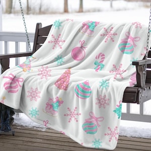 Pink Pastel Christmas Blanket Cute Holiday Throw Blanket Christmas Blanket Pink Tree Ornament Snowflake Blanket Pastel Christmas Decor