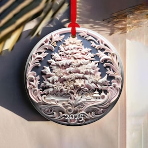 Pink Christmas Tree Ornament 2025, Luxury Holiday Keepsake, Festive Winter Decoration, Classy Scrollwork Tree Hanging Decor, Gift Exchange