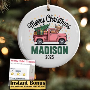 Personalized Pink Highland Cow Ornament, Watercolor Kids Gift Ornament, Merry Christmas Any Name Year
