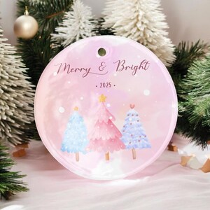 Pink Christmas Ornament – Merry and Bright Quote Decoration – Feminine Holiday Tree Keepsake – Personalized Girls Xmas Gift